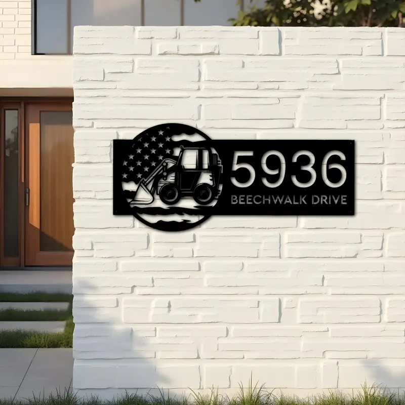 Custom Metal Farm excavator bulldozer US flag Metal Address Sign Custom House number Hanging Address Plaque Yard Sign Outdoor
