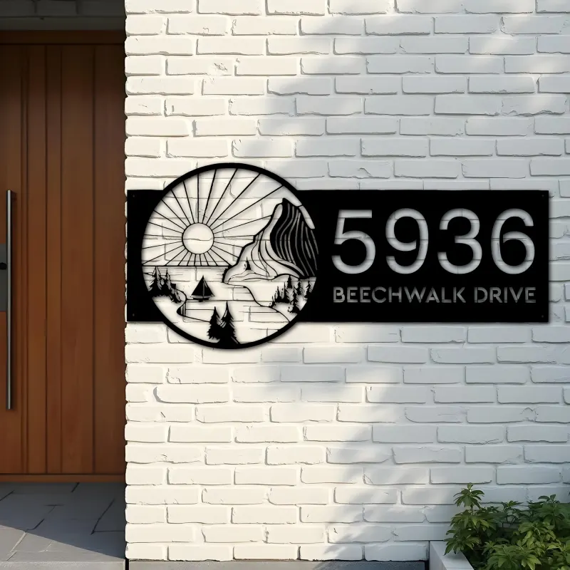 Custom Metal Sun mountain river scene Metal Address Sign, House number, Outdoor Number Signage, Yard Sign Address Plate