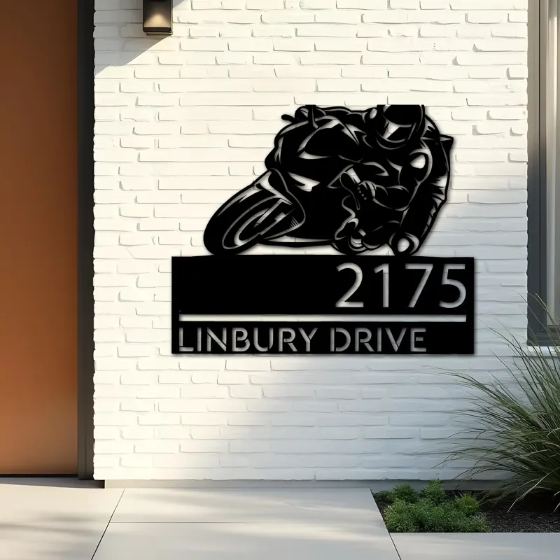Custom Metal Motobike rider biker Metal Address Sign, House number, Outdoor Number Signage, Yard Sign Address Plate