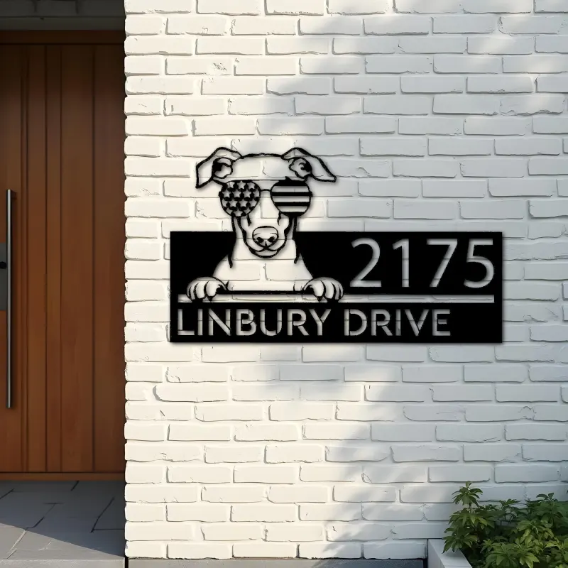 Custom Metal Whippet dog US flag glasses Metal Address Sign House number Hanging Address Plaque Yard Sign Outdoor decor