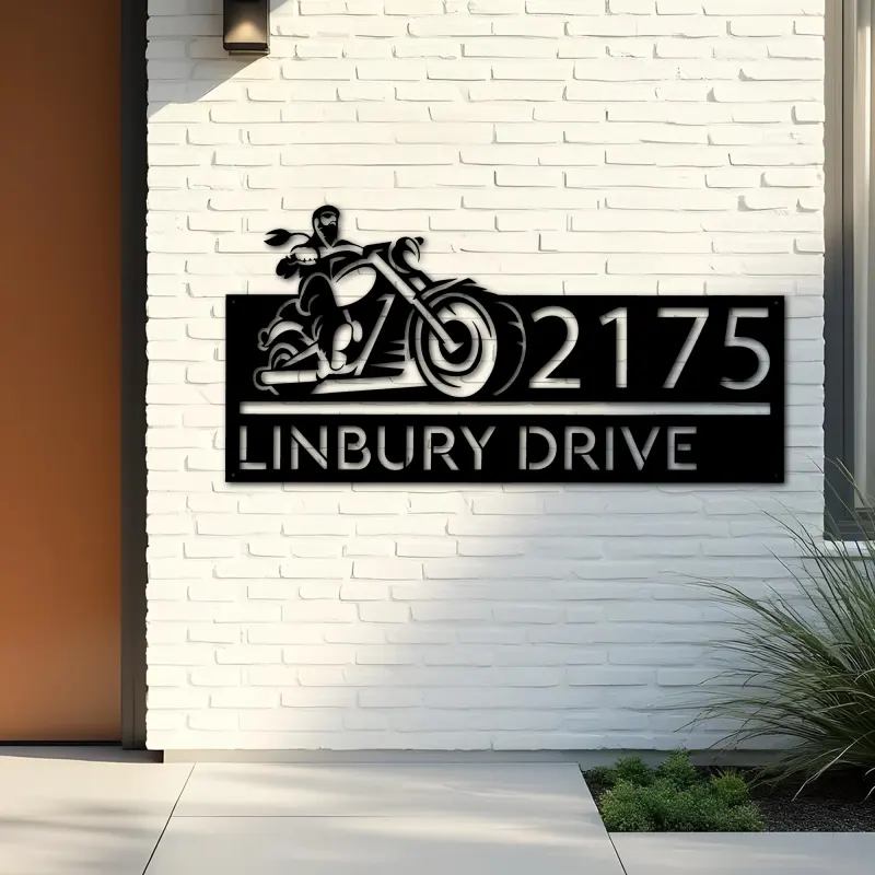 Custom Metal Biker motorcycle rider Metal Address Sign, House number, Outdoor Number Signage, Yard Sign Address Plate