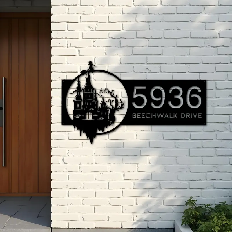Custom Metal Haunted Castle Flying Witch Halloween Metal Address Sign House number Hanging Address Plaque Yard Sign Outdoor