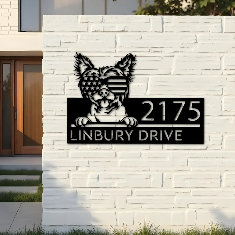Custom Metal Chinese Crested dog US glasses Metal Address Sign House number Hanging Address Plaque Yard Sign Outdoor decor