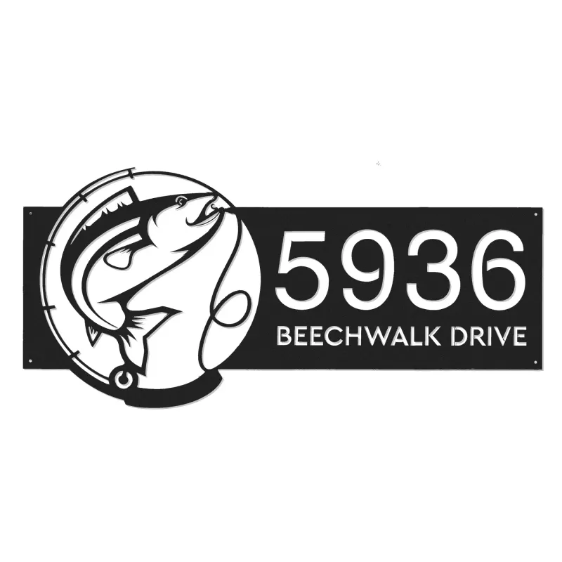 Custom Metal Fish Fishing rod Metal Address Sign Custom House number Hanging Address Plaque Yard Sign Outdoor
