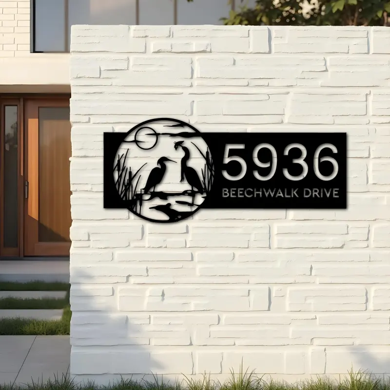 Custom Metal Heron Couple on Lake Metal Address Sign Custom House number Hanging Address Plaque Yard Sign Outdoor
