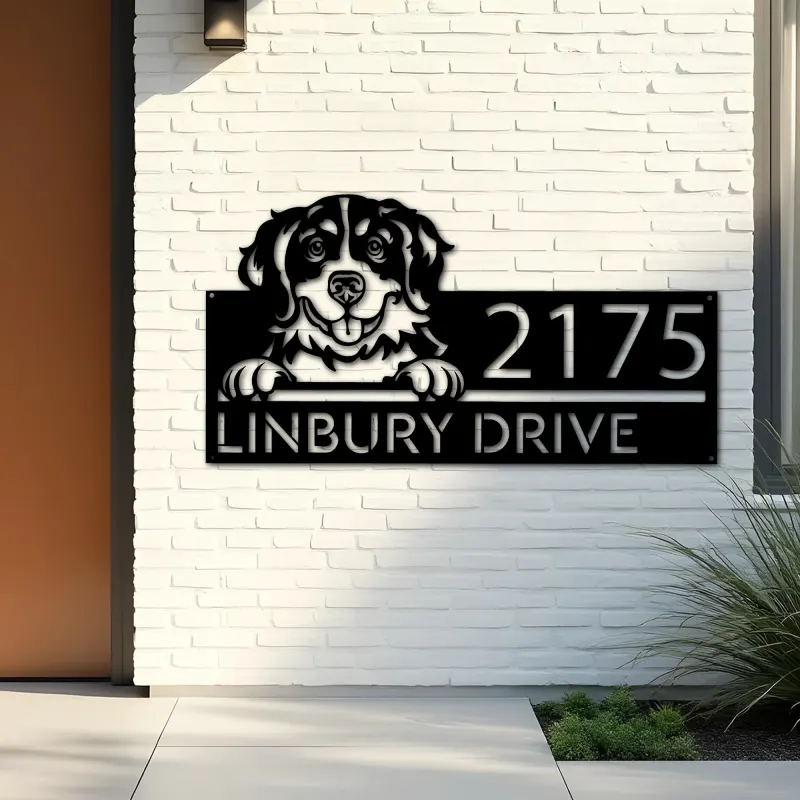 Custom Metal Bernese mountain dog cute puppy Metal Address Sign House number Hanging Address Plaque Yard Sign Outdoor decor