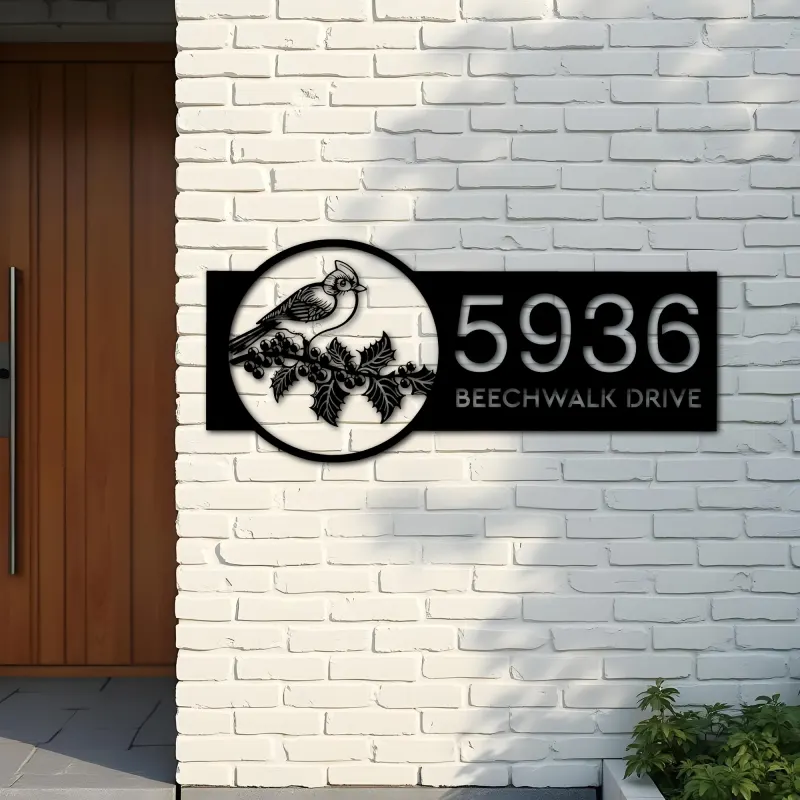 Custom Metal Red cardinal bird Metal Address Sign, House number, Outdoor Number Signage, Yard Sign Address Plate