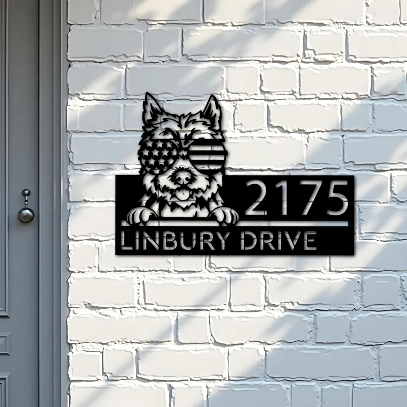 Custom Metal Cairn Terrier dog US flag glasses Metal Address Sign House number Hanging Address Plaque Yard Sign Outdoor decor