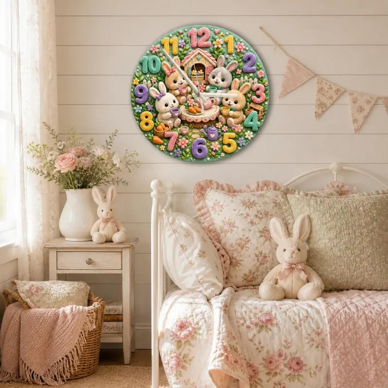 Bunny Tea Party Garden Kids Room Wall Clock