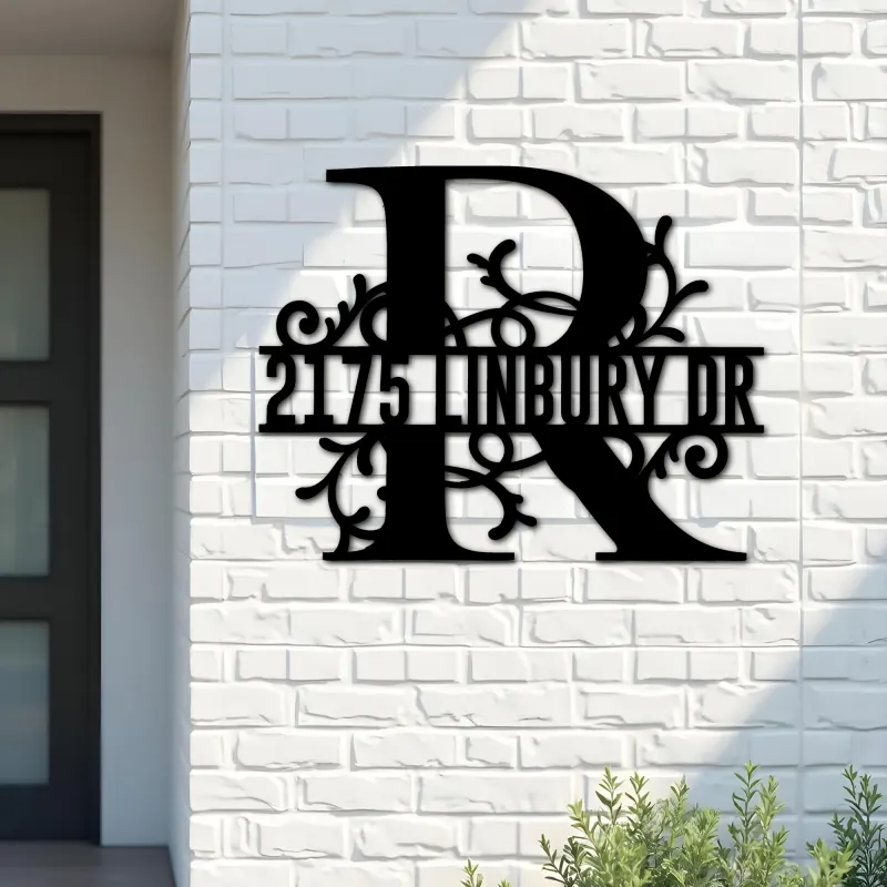 Custom Metal Floral Monogram Split Letter R Metal Address Sign House number Hanging Address Plaque Yard Sign Outdoor decor