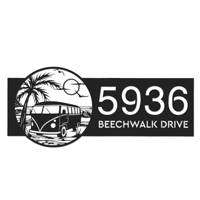 Custom Metal Palm Trees and Camper Van on Sea Beach Metal Address Sign, House number, Outdoor Number Signage, Yard Sign Address Plate