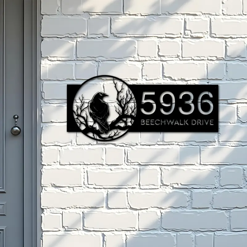Custom Metal Black crow raven on a tree branch Metal Address Sign, House number, Outdoor Number Signage, Yard Sign Address Plate