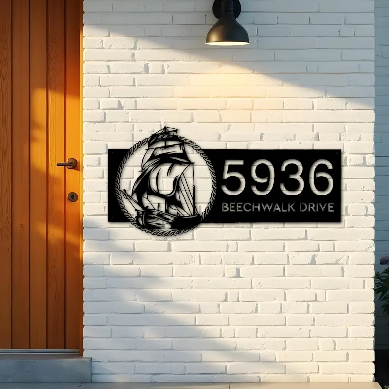 Custom Metal Ship with rope sea adventure Metal Address Sign, House number, Outdoor Number Signage, Yard Sign Address Plate