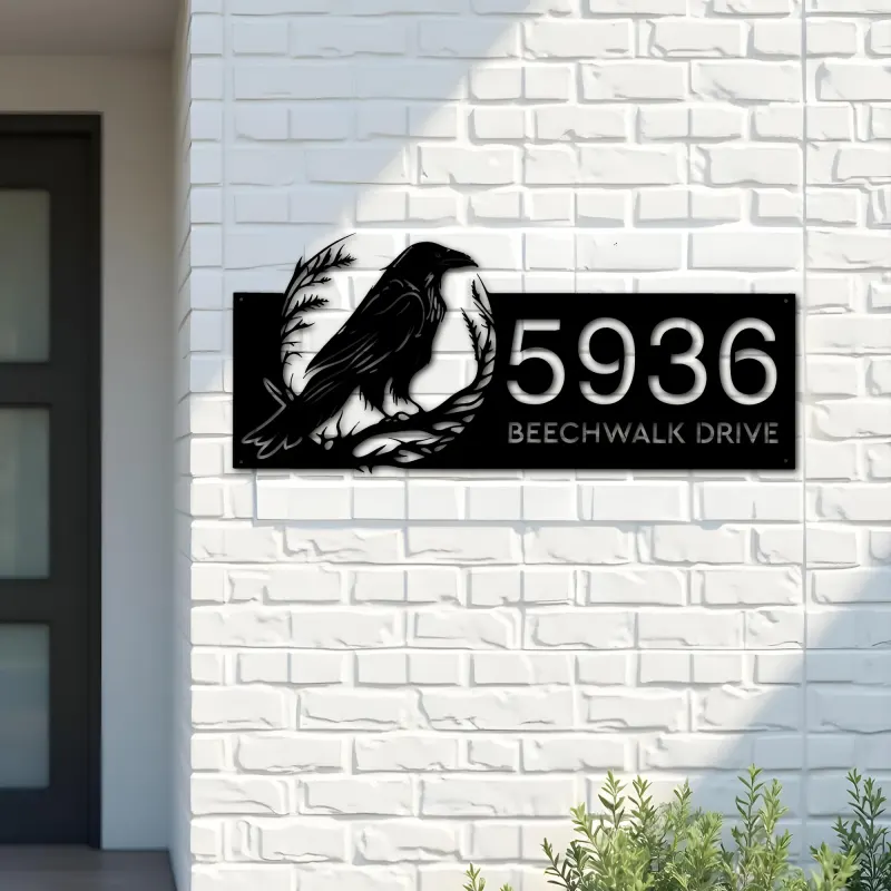 Custom Metal Crow Raven Metal Address Sign, House number, Outdoor Number Signage, Yard Sign Address Plate