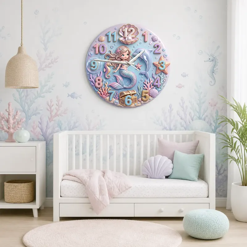 Magical Mermaid And Dolphin Under The Sea Kids Room Wall Clock