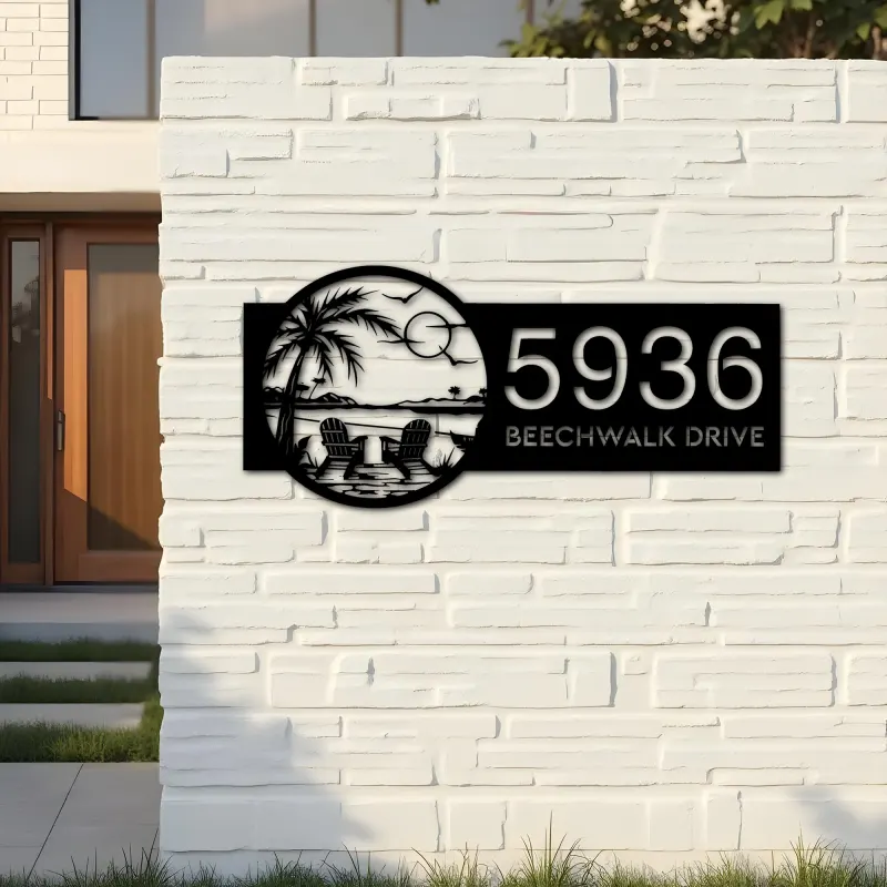 Custom Metal Palm Tree with Chairs on Beach Metal Address Sign, House number, Outdoor Number Signage, Yard Sign Address Plate