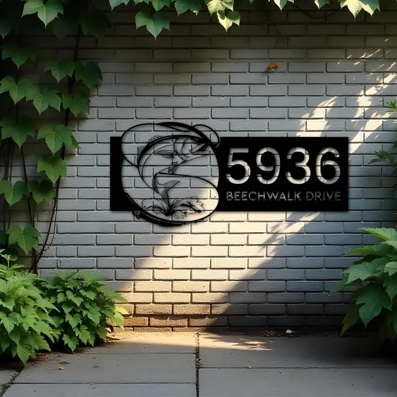 Custom Metal Bluefish fishing rod bait hook Metal Address Sign, House number, Outdoor Number Signage, Yard Sign Address Plate