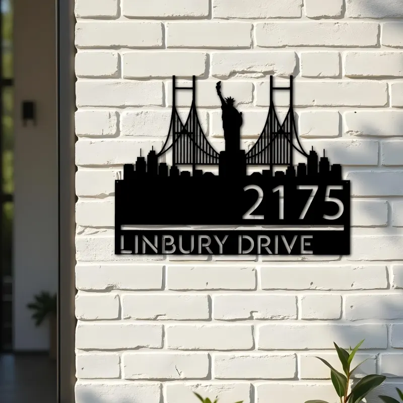 Custom Metal New York Statue of liberty city skyline Metal Address Sign Hanging Address Plaque house number Yard Outdoor Sign