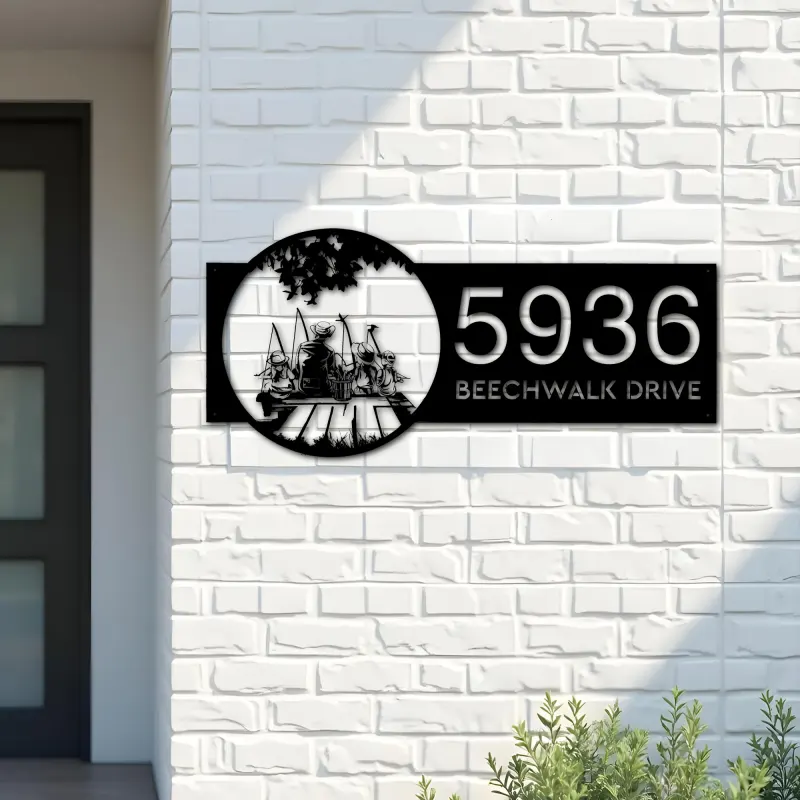 Custom Metal Dad and children go fishing Metal Address Sign Custom House number Hanging Address Plaque Yard Sign Outdoor