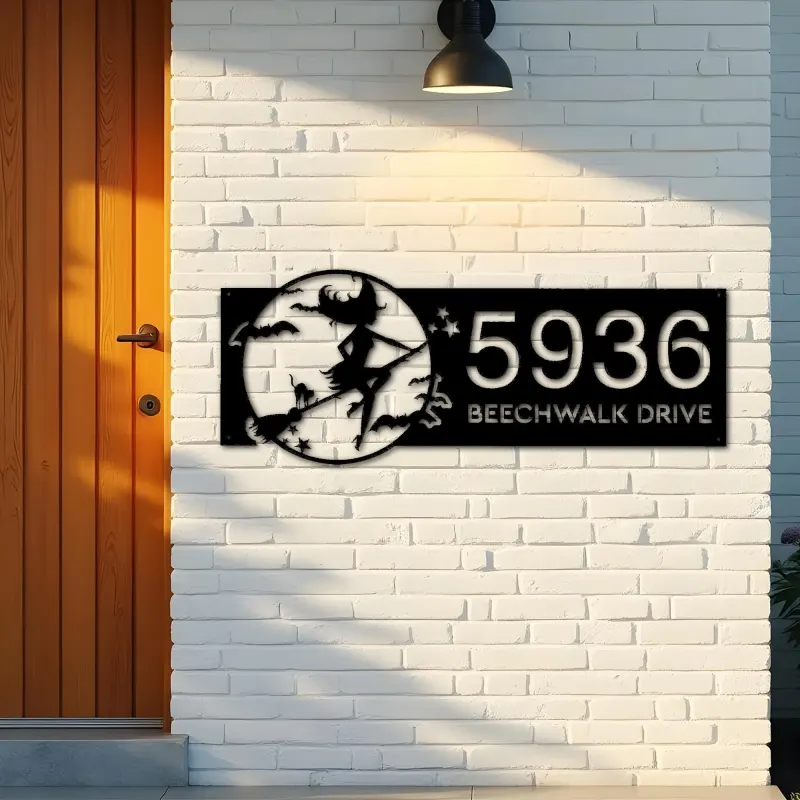 Custom Metal Witch and black cat flying halloween Metal Address Sign House number Hanging Address Plaque Yard Outdoor Sign