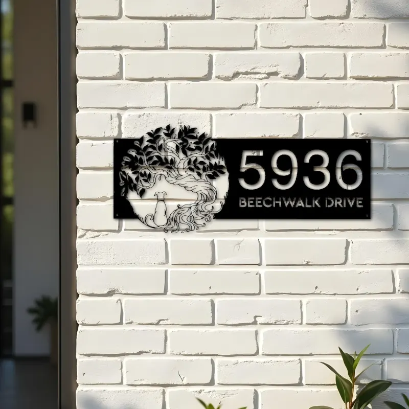 Custom Metal Tree of life with dog Metal Address Sign, House number, Outdoor Number Signage, Yard Sign Address Plate