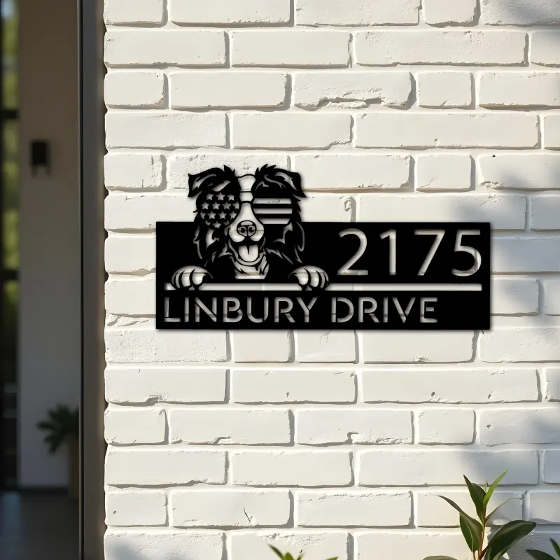 Custom Metal Border Collie dog US flag glasses Metal Address Sign House number Hanging Address Plaque Yard Sign Outdoor decor