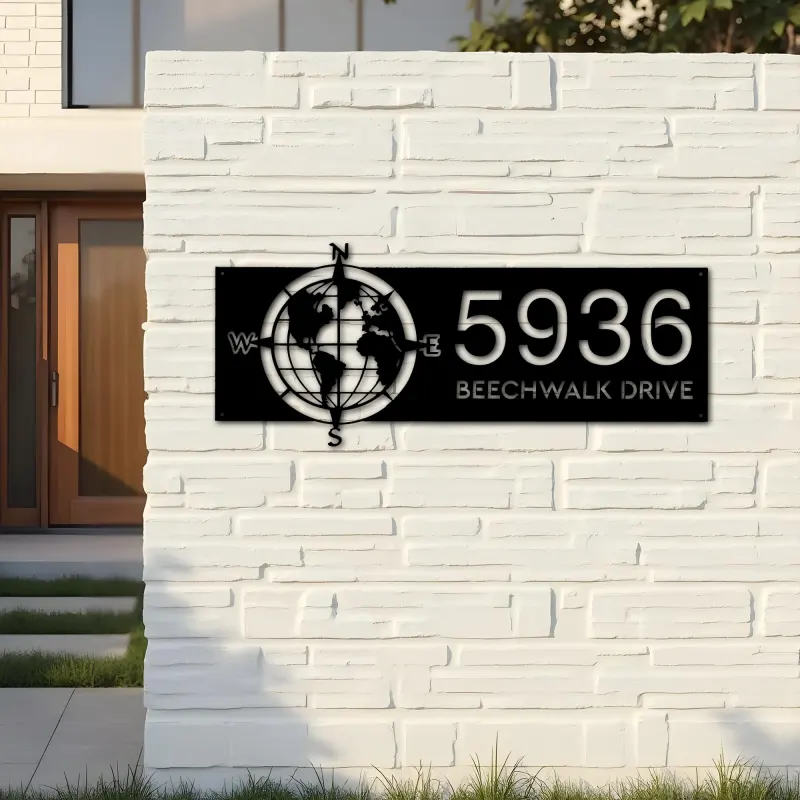 Custom Metal Compass globe world map Metal Address Sign, House number, Outdoor Number Signage, Yard Sign Address Plate