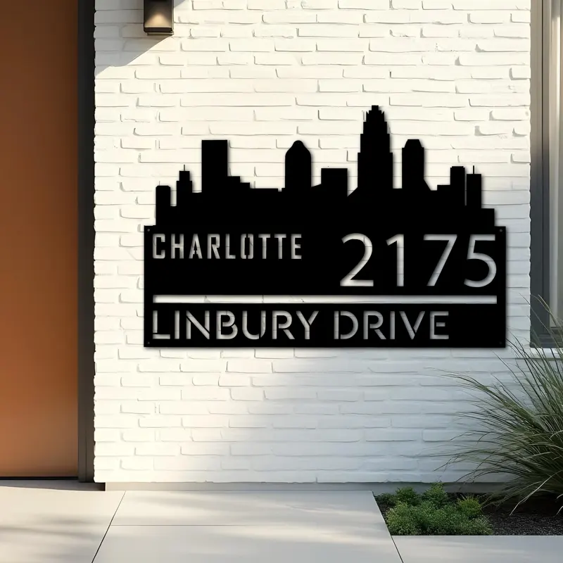 Custom Metal Charlotte city skyline Metal Address Sign Hanging Address Plaque house number Yard Outdoor Sign