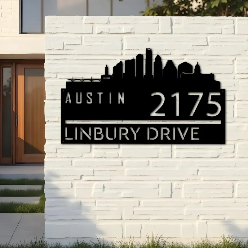 Custom Metal Austin city skyline Metal Address Sign Hanging Address Plaque house number Yard Outdoor Sign