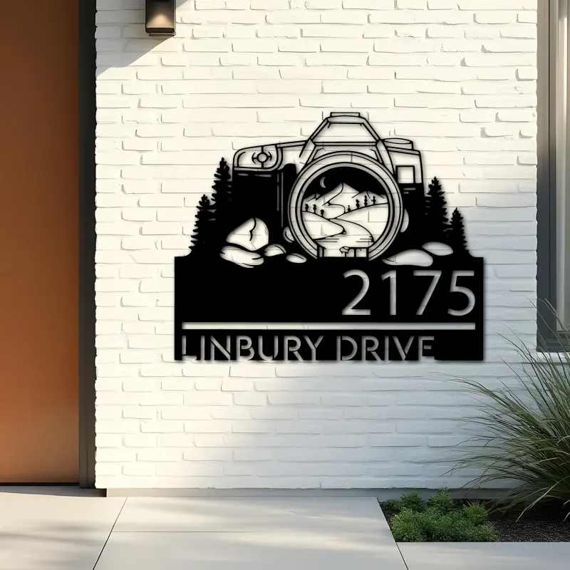 Custom Metal Camera mountain scene photography Metal Address Sign, House number, Outdoor Number Signage, Yard Sign Address Plate