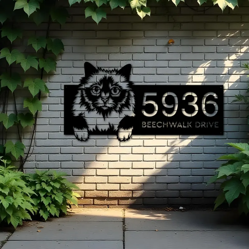 Custom Metal Holy Burma Cute peeking cat kitten Metal Address Sign, House number, Outdoor Number Signage, Yard Sign Address Plate