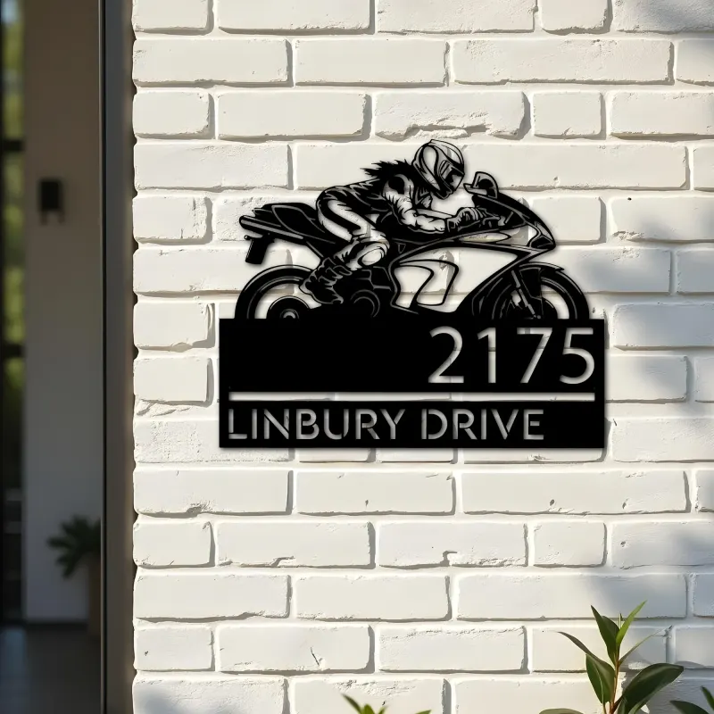 Custom Metal Female biker Metal Address Sign, House number, Outdoor Number Signage, Yard Sign Address Plate