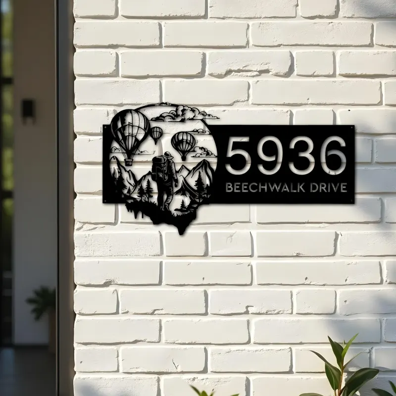 Custom Metal Hot Air Balloon Sky Adventure Travel Metal Address Sign, House number, Outdoor Number Signage, Yard Sign Address Plate