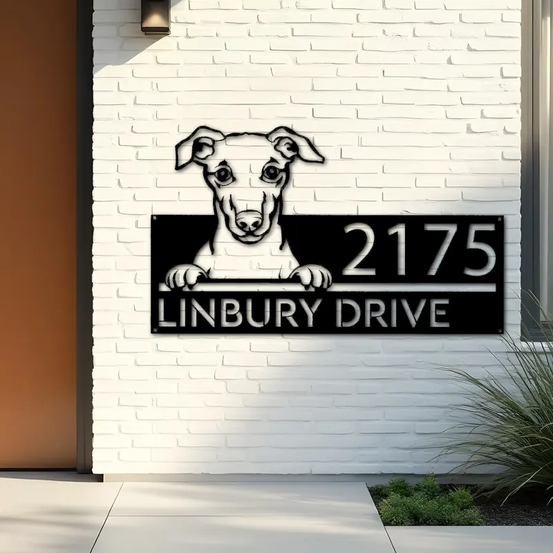 Custom Metal Whippet Dog Cute puppy Metal Address Sign House number Hanging Address Plaque Yard Sign Outdoor decor