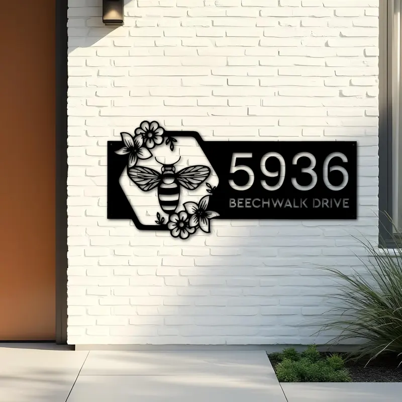 Custom Metal Bee on floral frame Metal Address Sign Custom House Number Hanging Address Plaque Yard Sign Outdoor Sign