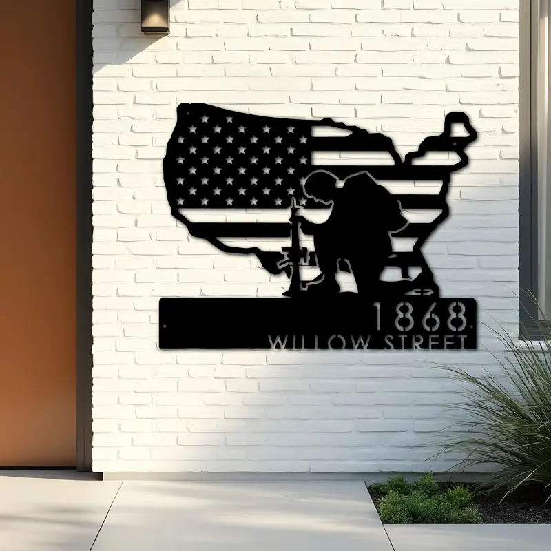 Custom Metal Soldier American Flag Patriotic Army Metal Address Sign, House number, Outdoor Number Signage, Yard Sign Address Plate