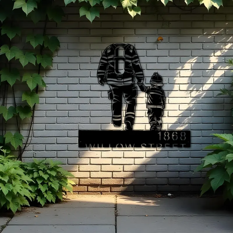 Custom Metal Firefighter father and son Fireman Metal Address Sign, House number, Outdoor Number Signage, Yard Sign Address Plate