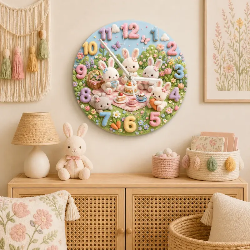 Pastel Bunny Tea Party Kids Room Wall Clock