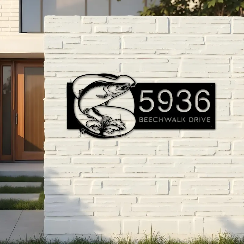 Custom Metal Salmon fishing rod bait hook Metal Address Sign, House number, Outdoor Number Signage, Yard Sign Address Plate