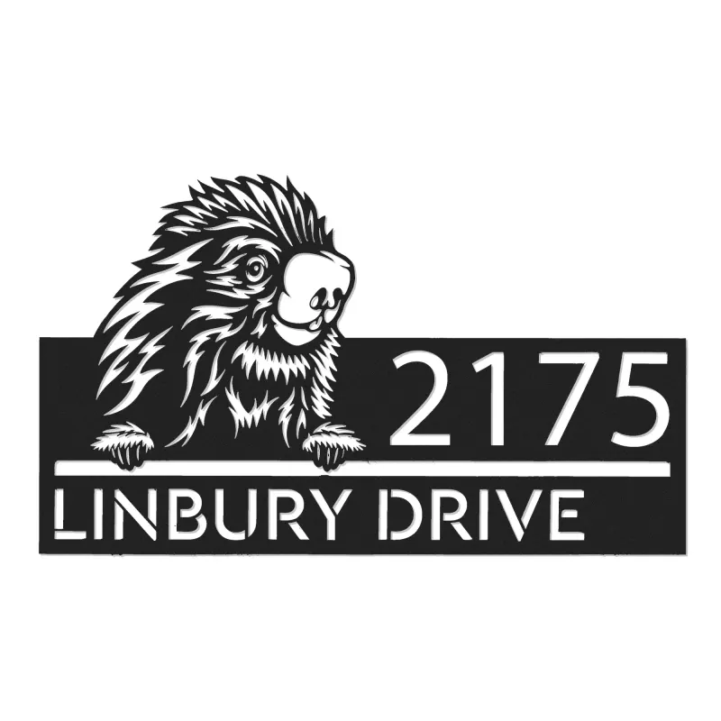 Custom Metal Peeking Porcupine Wild animal wildlife Metal Address Sign, House number, Outdoor Number Signage, Yard Sign Address Plate