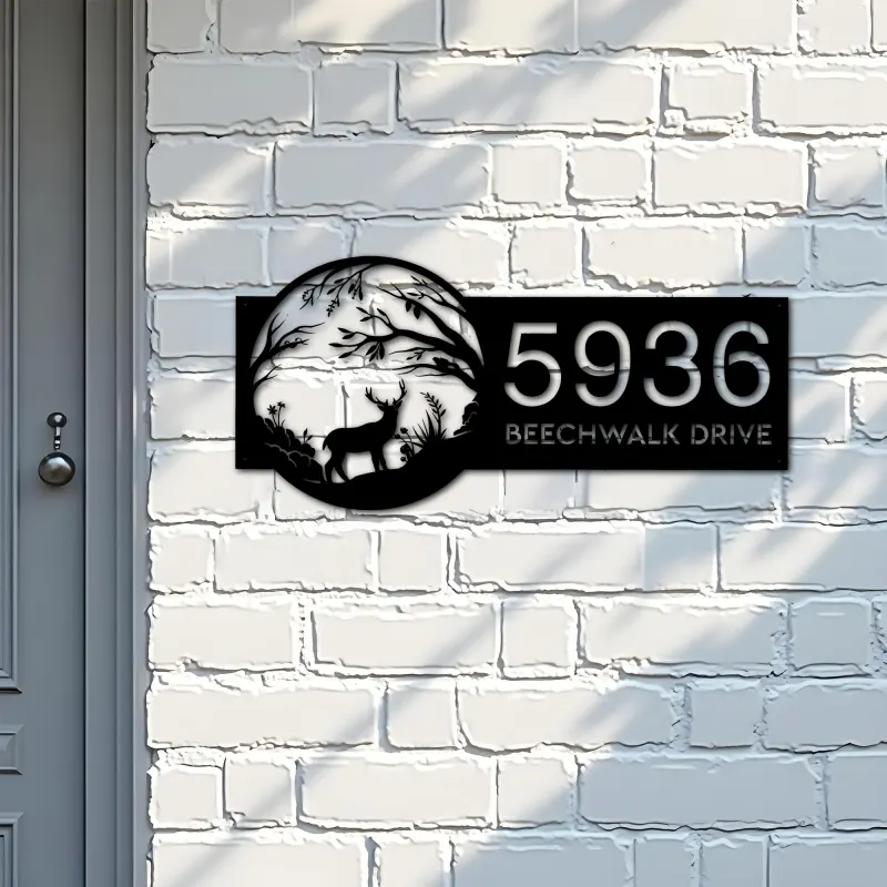 Custom Metal Deer in Woodland wild life Metal Address Sign, House number, Outdoor Number Signage, Yard Sign Address Plate