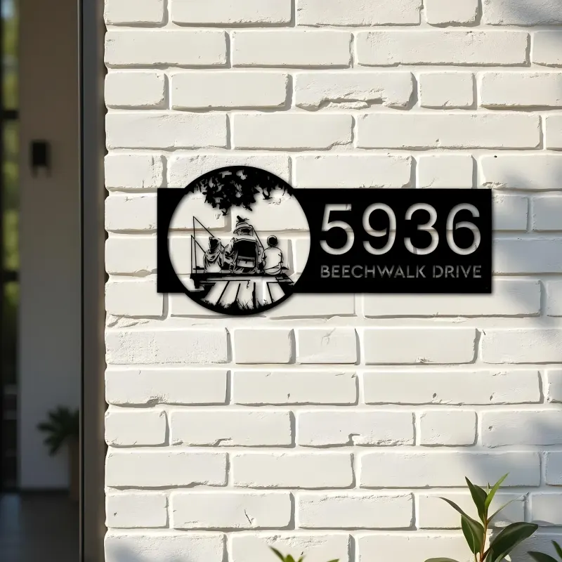Custom Metal Father and 2 sons go fishing Metal Address Sign Custom House number Hanging Address Plaque Yard Sign Outdoor