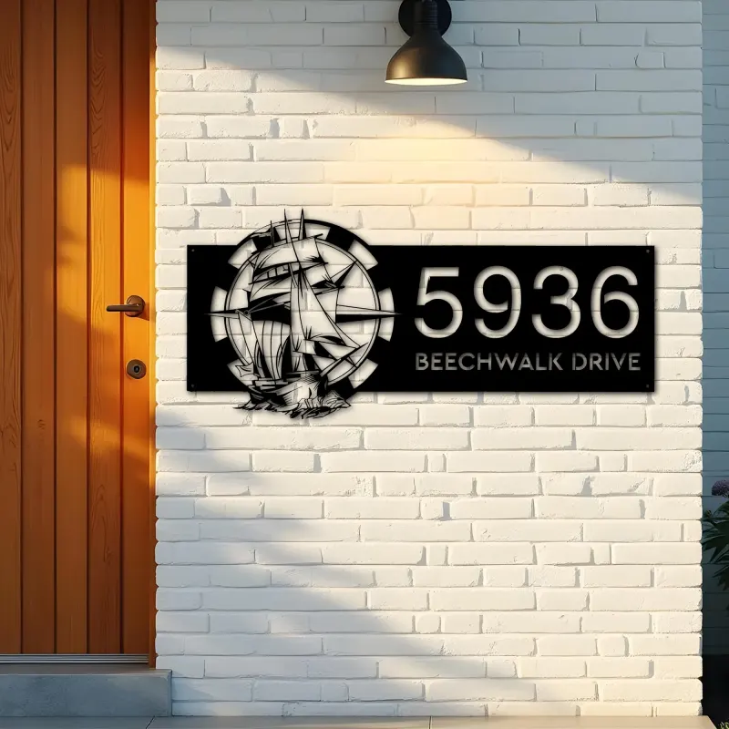 Custom Metal Ship with compass sailing Metal Address Sign, House number, Outdoor Number Signage, Yard Sign Address Plate
