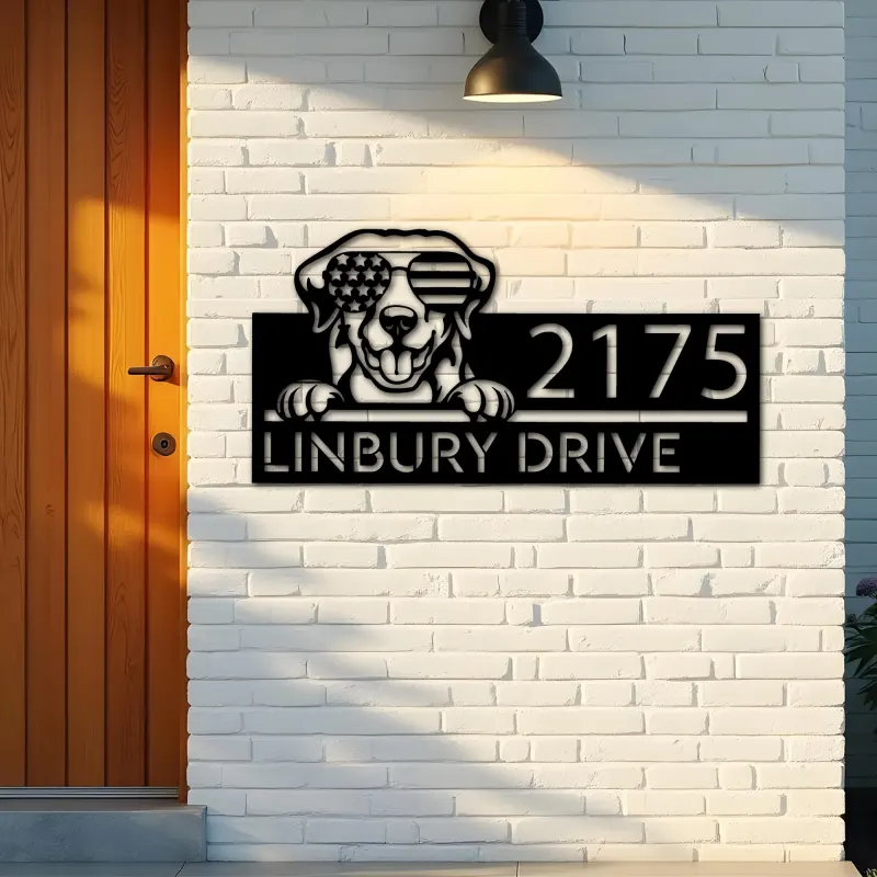 Custom Metal Golden Retriever dog US glasses Metal Address Sign House number Hanging Address Plaque Yard Sign Outdoor decor
