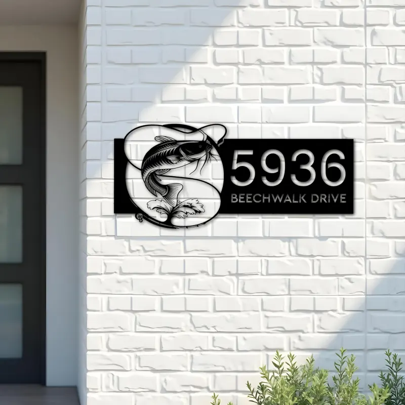 Custom Metal Catfish fishing rod bait hook Metal Address Sign, House number, Outdoor Number Signage, Yard Sign Address Plate