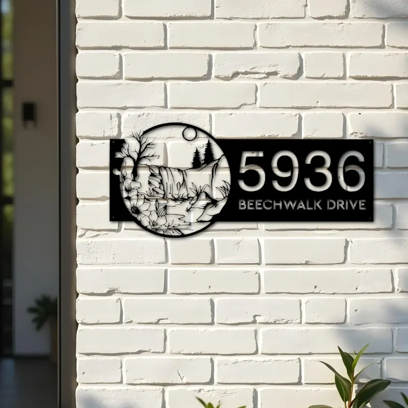 Custom Metal Water fall Nature scene Metal Address Sign House number Hanging Address Plaque Yard Sign Outdoor