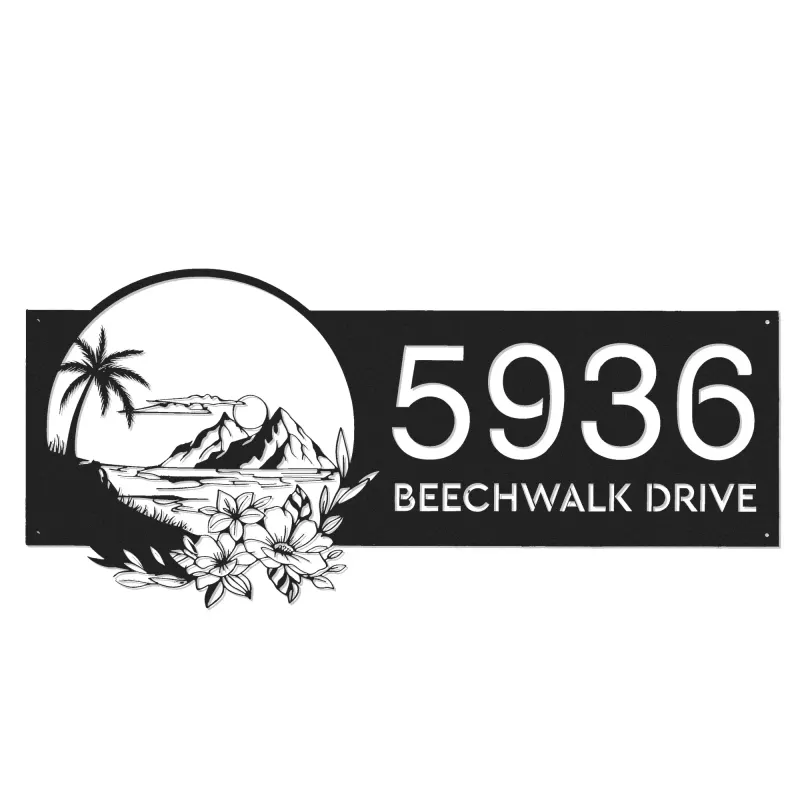 Custom Metal Floral tropical Beach island scene Metal Address Sign, House number, Outdoor Number Signage, Yard Sign Address Plate