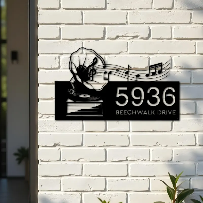 Custom Metal Gramophone retro record music Metal Address Sign Custom House number Hanging Address Plaque Yard Sign Outdoor