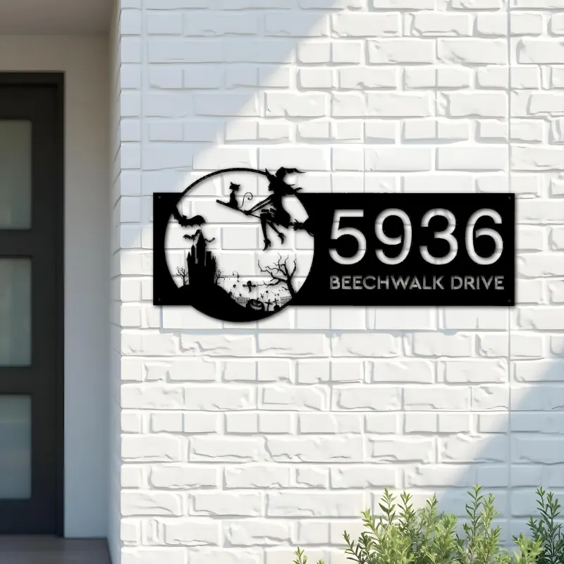 Custom Metal Witch and black cat flying Halloween Metal Address Sign, House number, Outdoor Number Signage, Yard Sign Address Plate