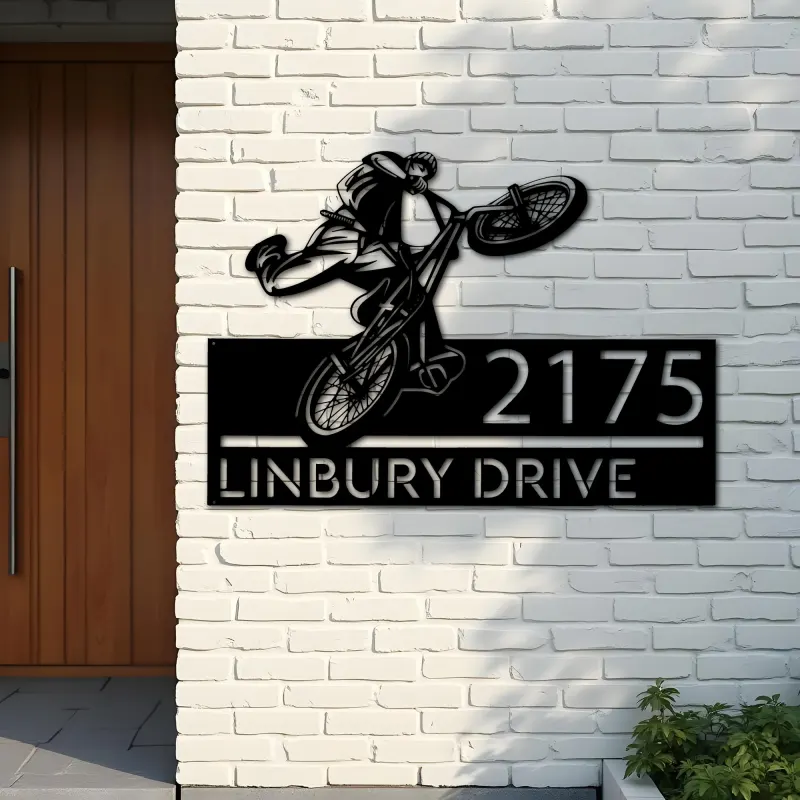 Custom Metal BMX Bicycle freestyle Metal Address Sign, House number, Outdoor Number Signage, Yard Sign Address Plate